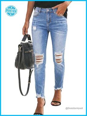 Women's Boyfriend Jeans Stretchy Ripped Distressed Denim Pants Straight Leg